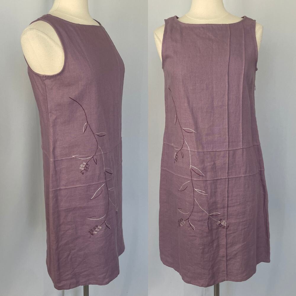 Vintage Shift Dress Size Medium Petite MP Purple Linen Embroidered Sleeveless - Picture 14 of 14